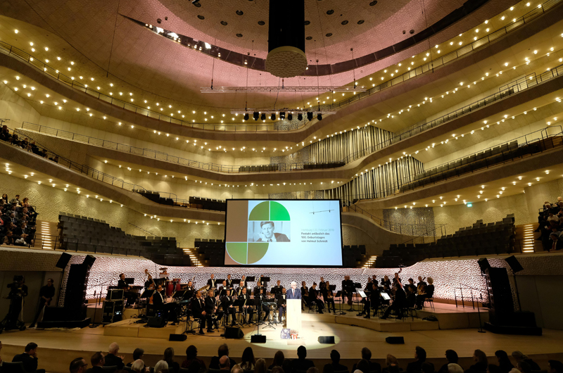 Innenansicht der Elbphilharmonie:Ein großer Konzertsaal dessen Zuschauerränge sich über mehrere Ebenen erstreckt.
