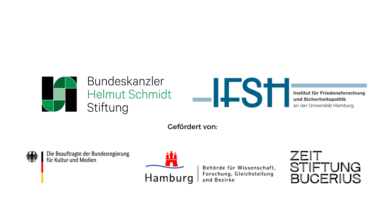 Logos von unseren Kooperationspartnern: BKHS, IFSH, BKM, BWFBG, Zeit Stiftung Bucerius