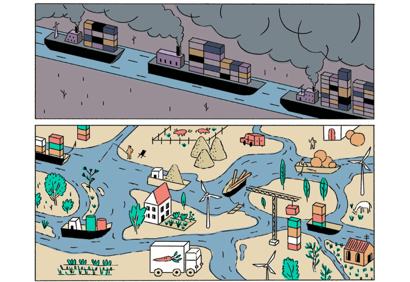 Gezeichnete Bilder: Ein Bild zeigt grau hinterlegt drei Containerschiffe, die große Rauchschwaden hinter sich her ziehen. Das andere zeigt eine natürliche Umgebung mit einem verzweigten Fluss und mehreren Schiffen, drum herum Pflanzen und Häuser.