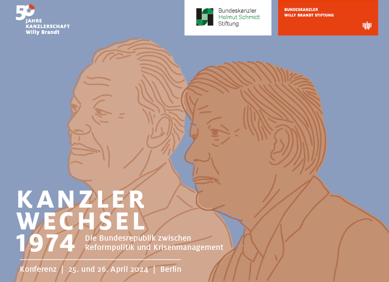 Der Veranstaltungstitel "Kanzlerwechsel 1974 - Die Bundesrepublik zwischen Reformpolitik und Krisenmanagement" auf blauem Hintergrund. Daneben sind die Gesichter von Schmidt und Brandt zu sehen.