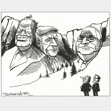 Die Karikatur zeigt die Köpfe von Brandt, Schmidt und Kohl, die übergroß in eine Felswand gehauen wurden. Sie erinnern an die Darstellungen der amerikanischen Präsidenten am Mount Rushmore. Kleine Personen, unter ihnen Schröder, blicken zu ihnen herauf. 