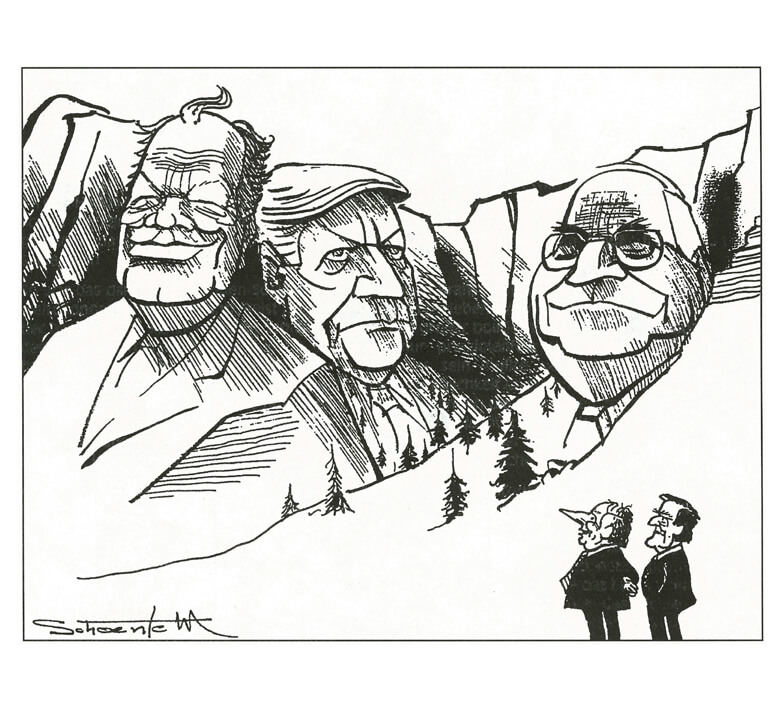 Die Karikatur zeigt die Köpfe von Brandt, Schmidt und Kohl, die übergroß in eine Felswand gehauen wurden. Sie erinnern an die Darstellungen der amerikanischen Präsidenten am Mount Rushmore. Die Personen Lafontaine und Schröder blicken zu ihnen herauf. 