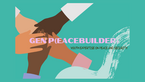 Text "Genpeacebuilder" with united hands of different skin colours on a turquoise background 