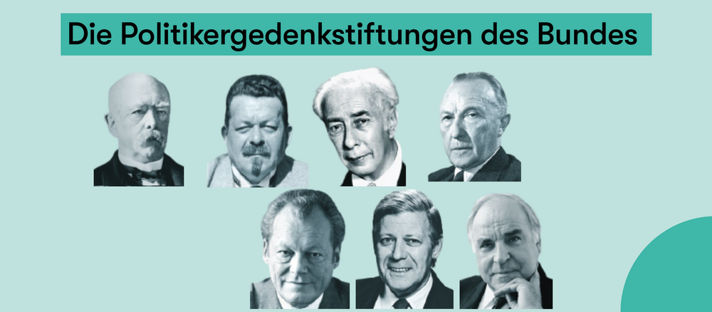 Portrait von Otto von Bismarck, Friedrich Ebert, Theodor Heuss, Konrad Adenauer, Willy Brandt, Helmut Schmidt und Helmut Kohl