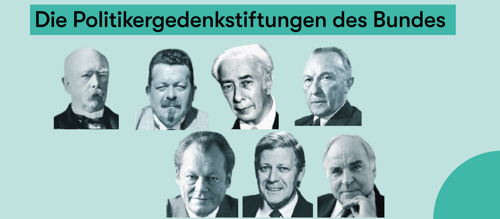 Portrait von Otto von Bismarck, Friedrich Ebert, Theodor Heuss, Konrad Adenauer, Willy Brandt, Helmut Schmidt und Helmut Kohl