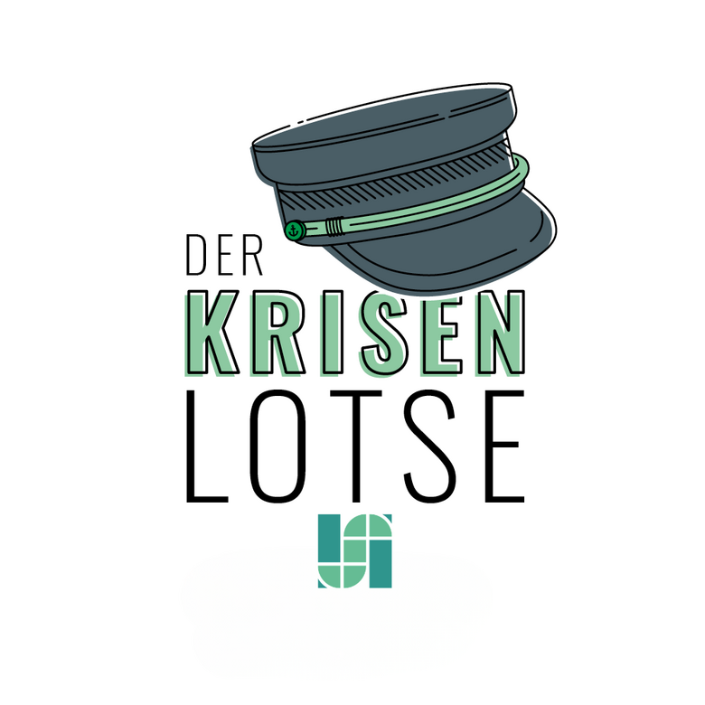 Podcastlogo “Der Krisenlotse”. Über dem Titel ist eine Mütze