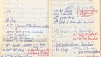 Calendar double page with handwritten entries and red markings