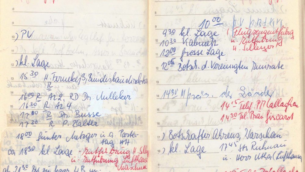 Calendar double page with handwritten entries and red markings