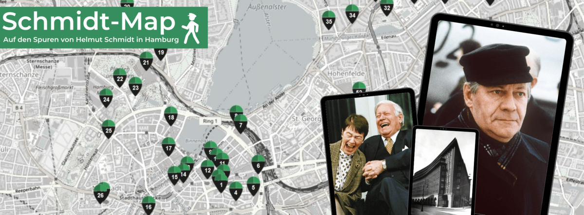 Abbildung der Schmidt-Map zeigt eine Landkarte Hamburgs mit einzelnen Orten aus Schmidts leben. Außerdem sind einige Moment-Aufnahemen aus Schmidts Leben sind in der Grafik zu sehen.