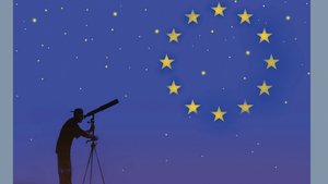 Cover of the magazine Internationale Politik Special. Title: The Discovery of Europe. Illustration: Man looking through a telescope, stars of the European flag in the sky.