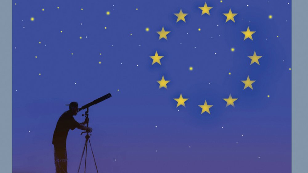 Cover of the magazine Internationale Politik Special. Title: The Discovery of Europe. Illustration: Man looking through a telescope, stars of the European flag in the sky.