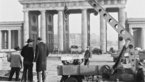Black and white photo of construction site in front of Brandenburg Gate