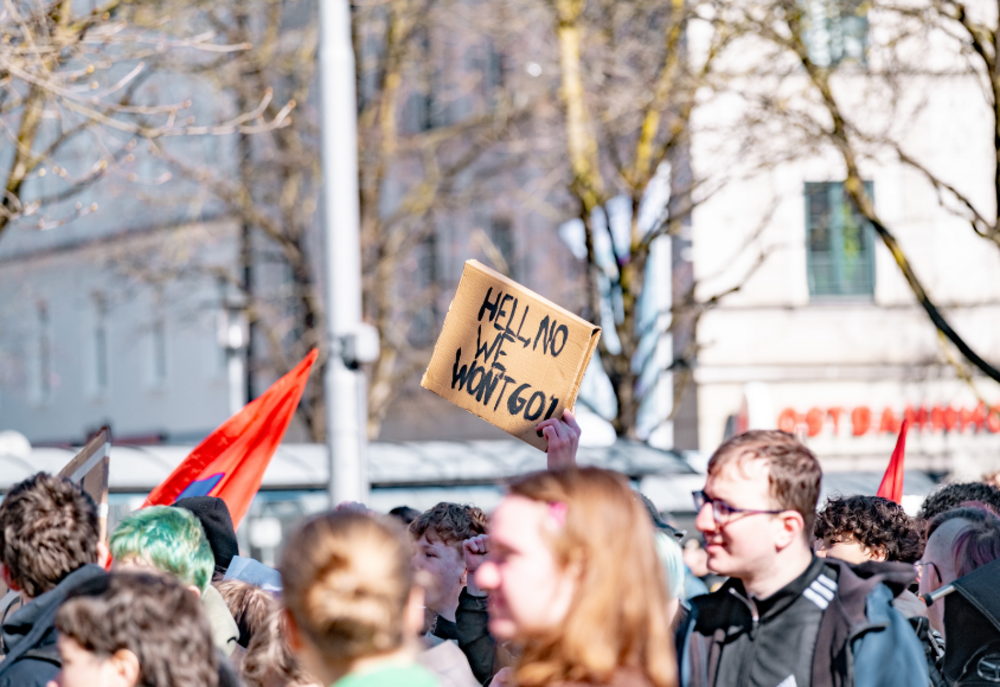 Picture of a demonstration displaying peole, posters and flags