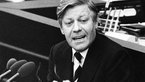 Black-and-white photograph of Helmut Schmidt giving a speech