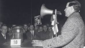 Helmut Schmidt speaks to demonstrators through a megaphone