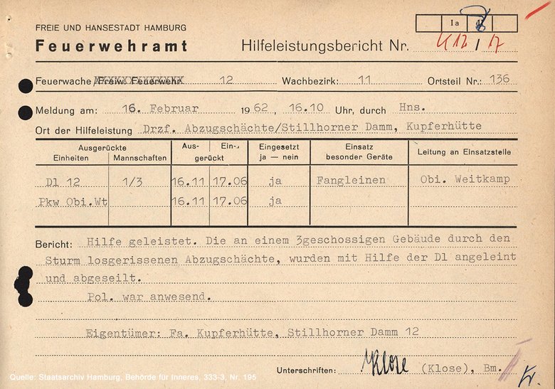 Feuerwehr Hilfeleistungsbericht zu der Flut 1962