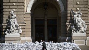 Wall of sandbags in front of the entrance to the Odessa Opera House