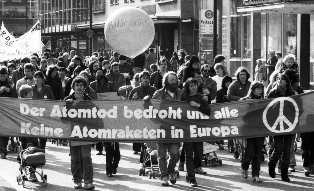 Demonstrators with banner against nuclear missiles