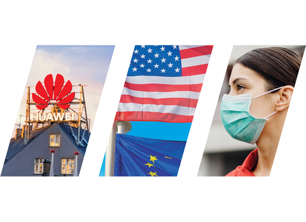 Grafik zeigt ein Foto einer Leuchtinstallation der Elektronik-Marke Huawei auf einem Hausdach, ein Foto einer US-Amerikanischen Flagge und einer Europa-Flagge und ein Foto einer Frau mit medizinischer Maske.