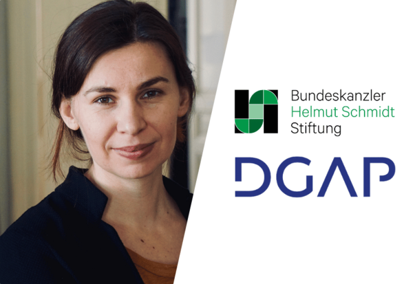 Grafik zeigt ein Porträt von Tanja Maljartschuk, sowie die Logos der Bundeskanzler Helmut-Schmidt-Stiftung und der DGAP.