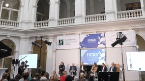 View of the FOTAR conference panel with Berend Diekmann, Adam S. Hersh, James Lewis, Tim Rühlig, Natalie Schnelle and Julia Friedlander 