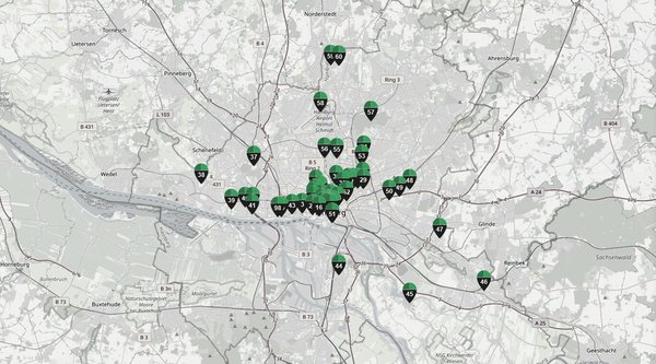 Abbildung der Schmidt-Map zeigt eine Landkarte Hamburgs mit den einzelnen Stationen der Schmidt-Map.