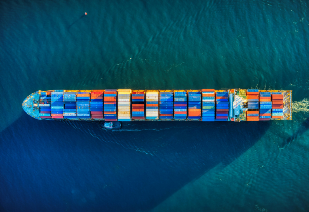 A container ship photographed from above at sea