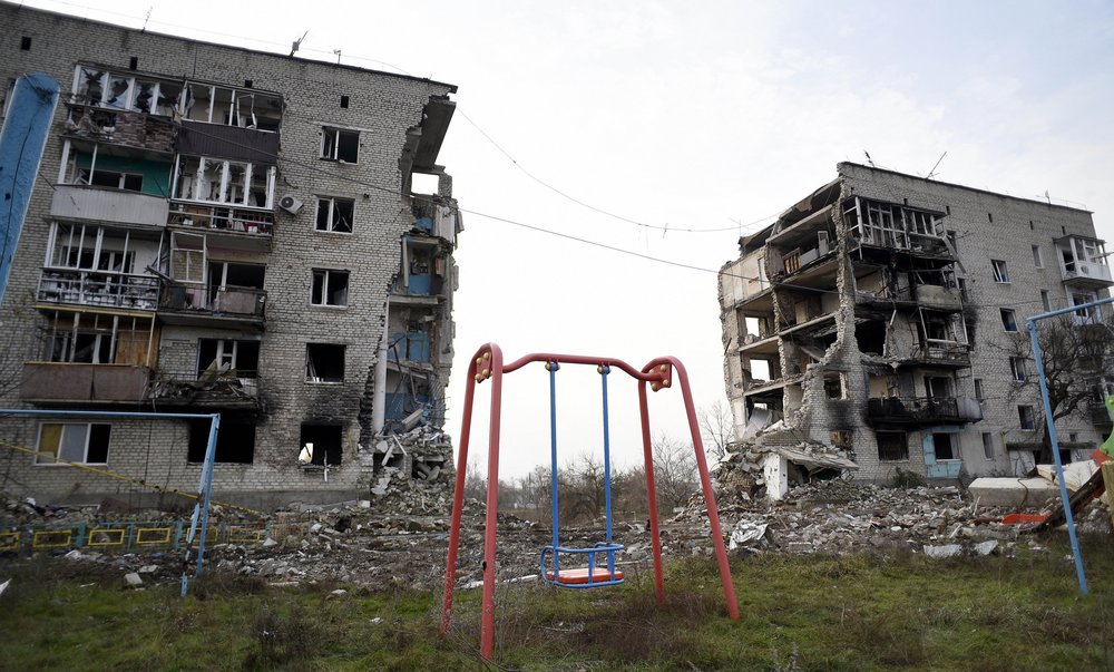 An apartment block in Ukraine destroyed by Russian shelling.
