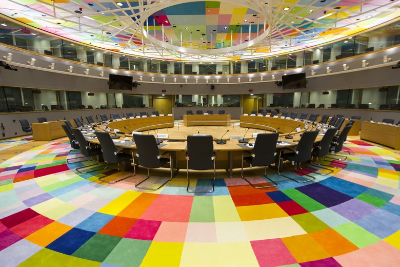 Colour photo: European Council conference room in the Europa Building in Brussels