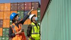 People in high-visibility waistcoats and helmets in front of containers