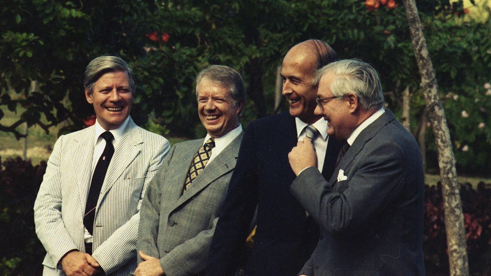 Helmut Schmidt next to Jimmy Carter, Valéry Giscard d'Estaing and James Callaghan