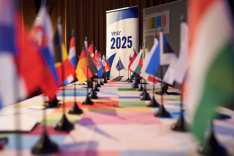 Colour photo: Flags are arranged in two rows on a table.