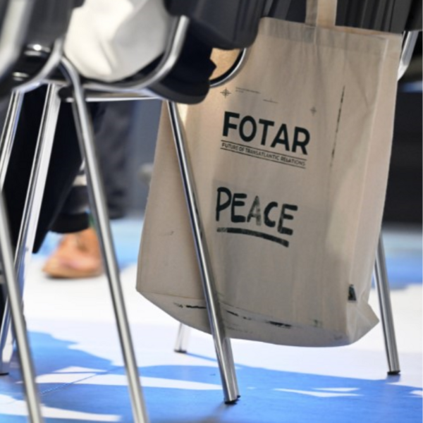 Tote bag with print on it reading FOTAR Peace
