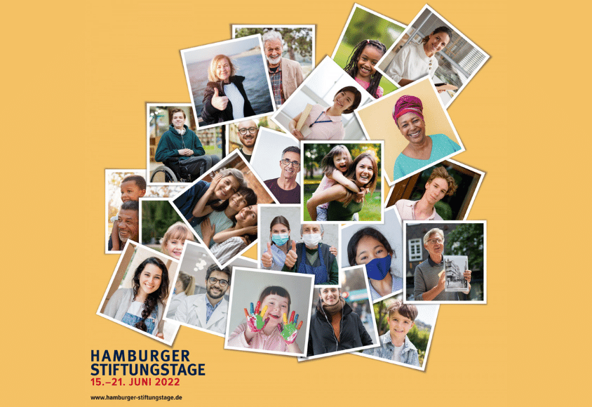 Grafik der Hamburger Stiftungstage zeigt eine Collage mit unterschiedlichen Menschen in unterschiedlichen Lebensbereichen und Situationen.